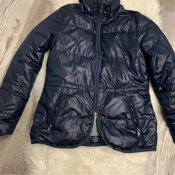 Banana Republic navy blue down double zip puffer quilted jacket sz m 8/10 - Picture 2 of 12